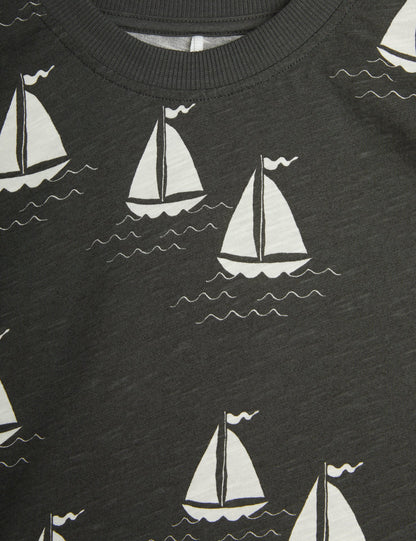 Mini Rodini Sailing Boats AOP Short Sleeve Tee - Grey