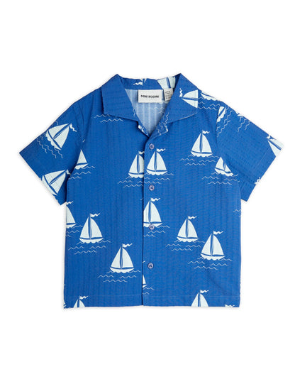 Mini Rodini Sailing Boats AOP Woven Short Sleeve Shirt - Blue