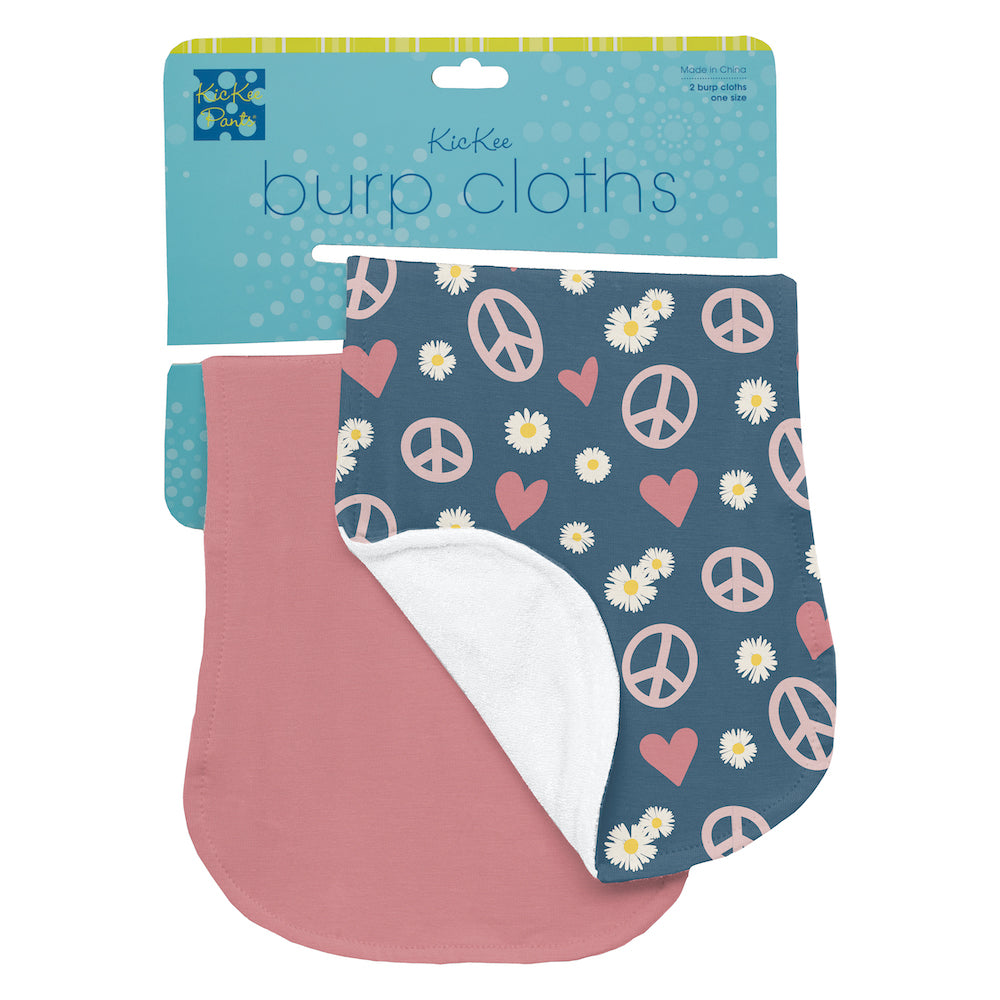 Kickee Pants Print Burp Cloth Set Of 2 - Peace, Love And Happiness &amp; Desert Rose