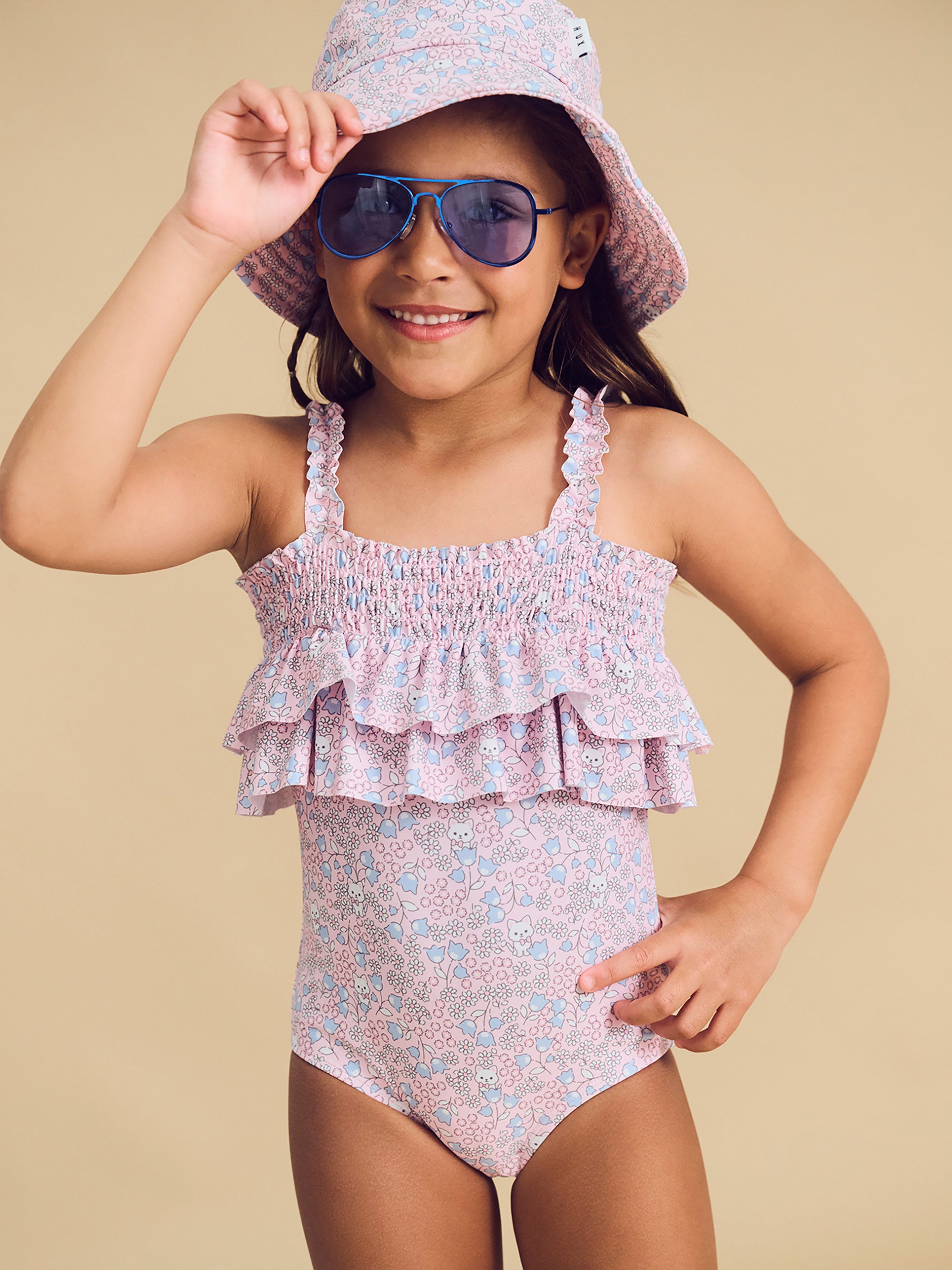 Huxbaby Bluebell Floral Frill Swimsuit - Cherry Blossom