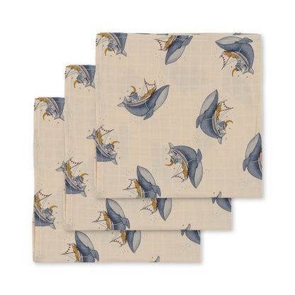 Konges Sløjd 3 Pack Muslin Cloth GOTS - Whale Boat