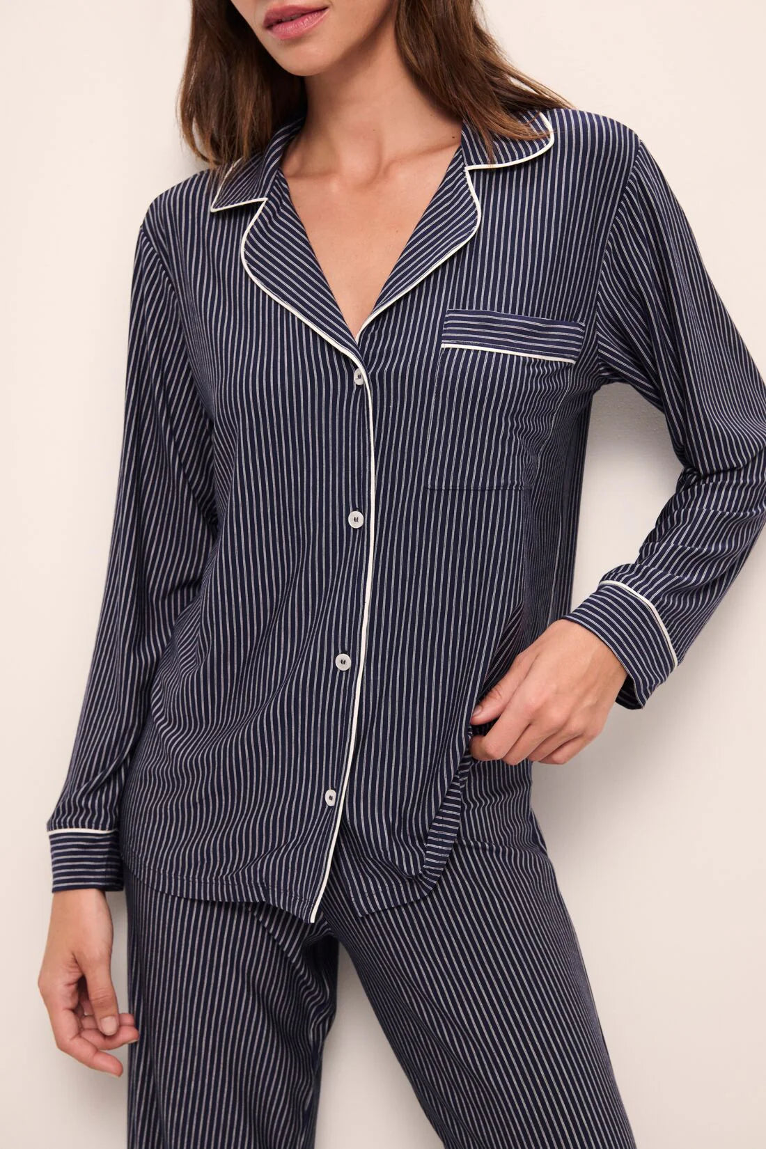 Eberjey Gisele Printed Long PJ Set - Duo Stripe True Navy / Ivory