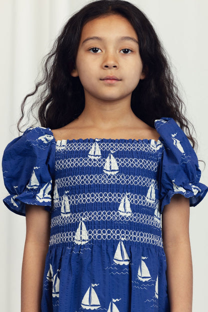 Mini Rodini Sailing Boats AOP Woven Smock Dress - Blue