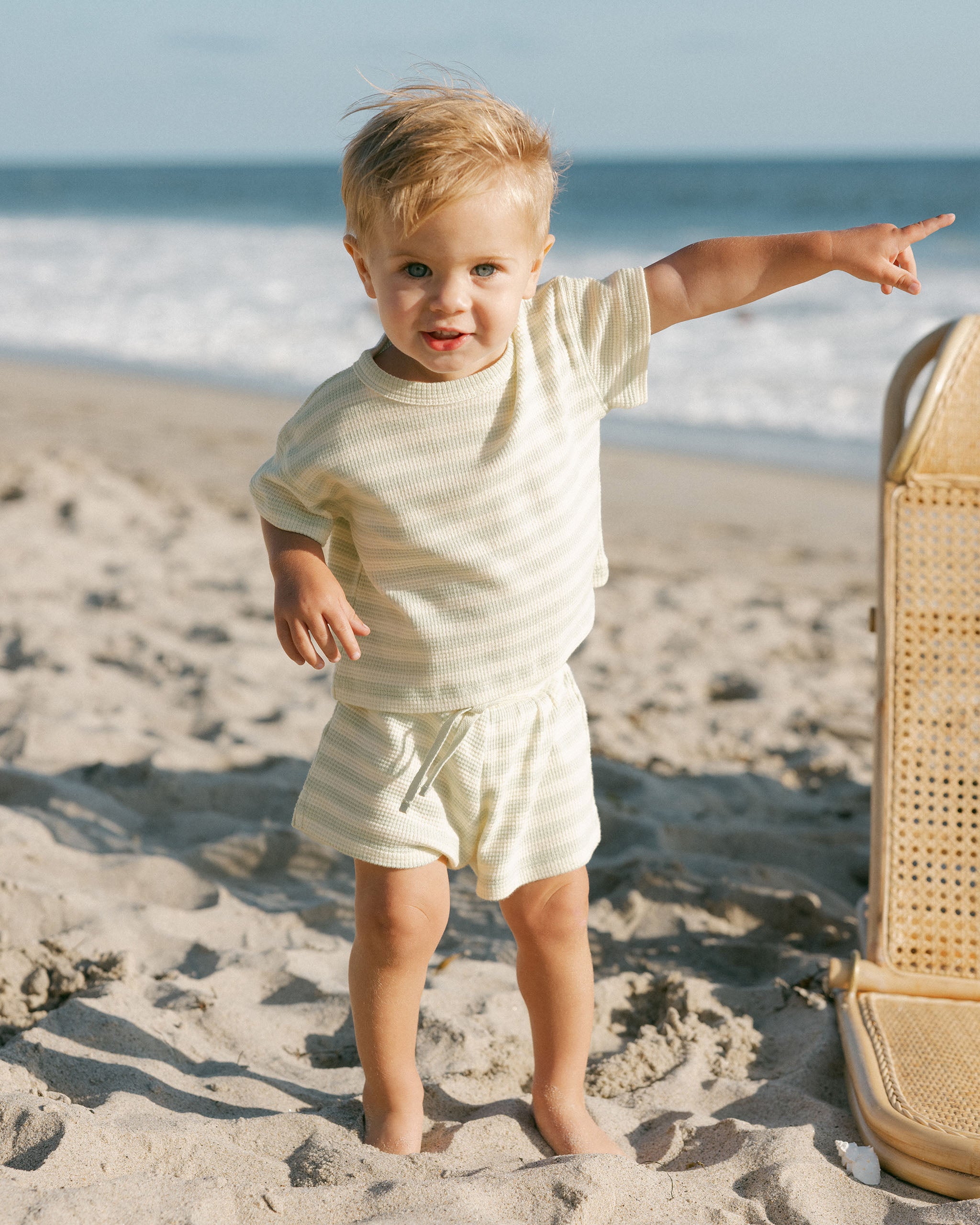 Quincy Mae Waffle Tee + Short Set - Mint Stripe