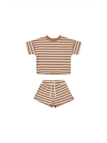 Quincy Mae Waffle Tee + Short Set - Clay Stripe