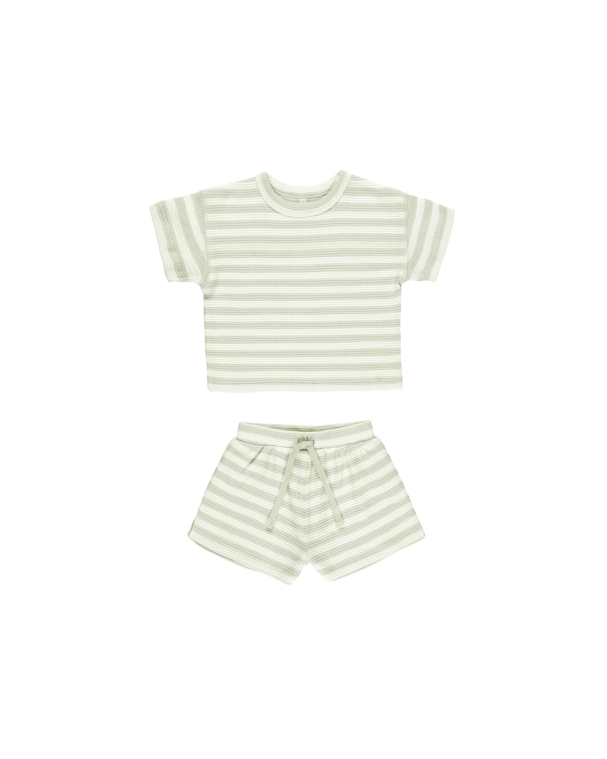 Quincy Mae Waffle Tee + Short Set - Mint Stripe