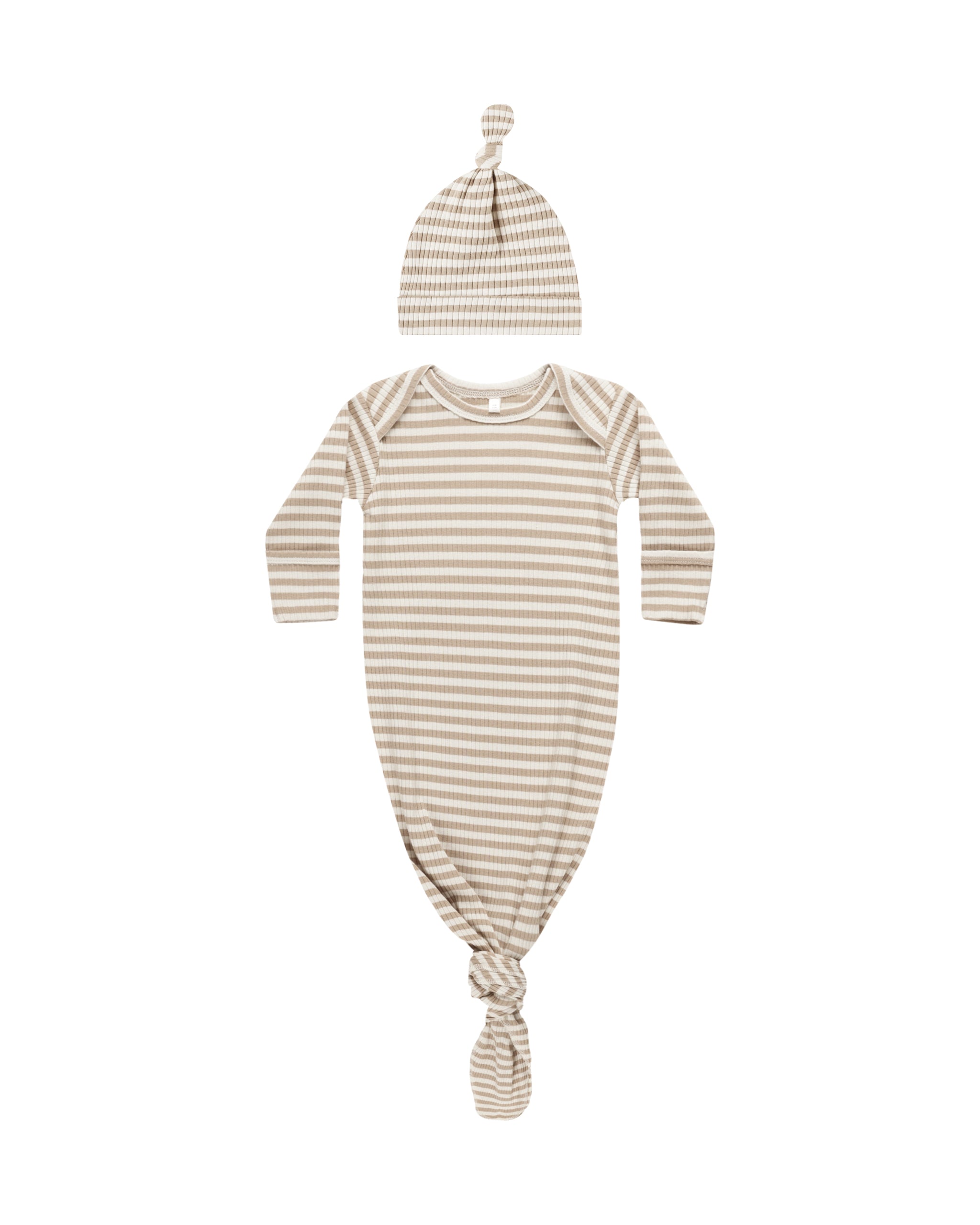 Quincy Mae Knotted Baby Gown + Hat Set - Latte Stripe