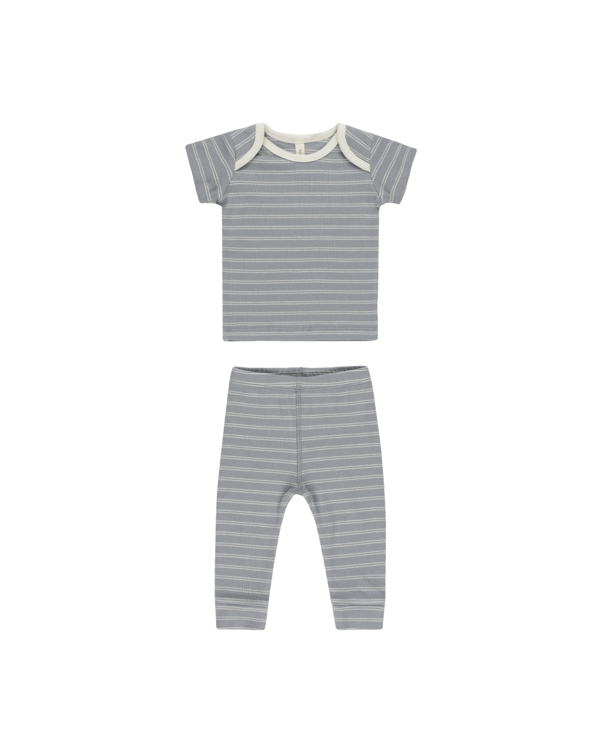 Quincy Mae Ribbed Short Sleeve Tee + Legging Set - Blue Pinstripe