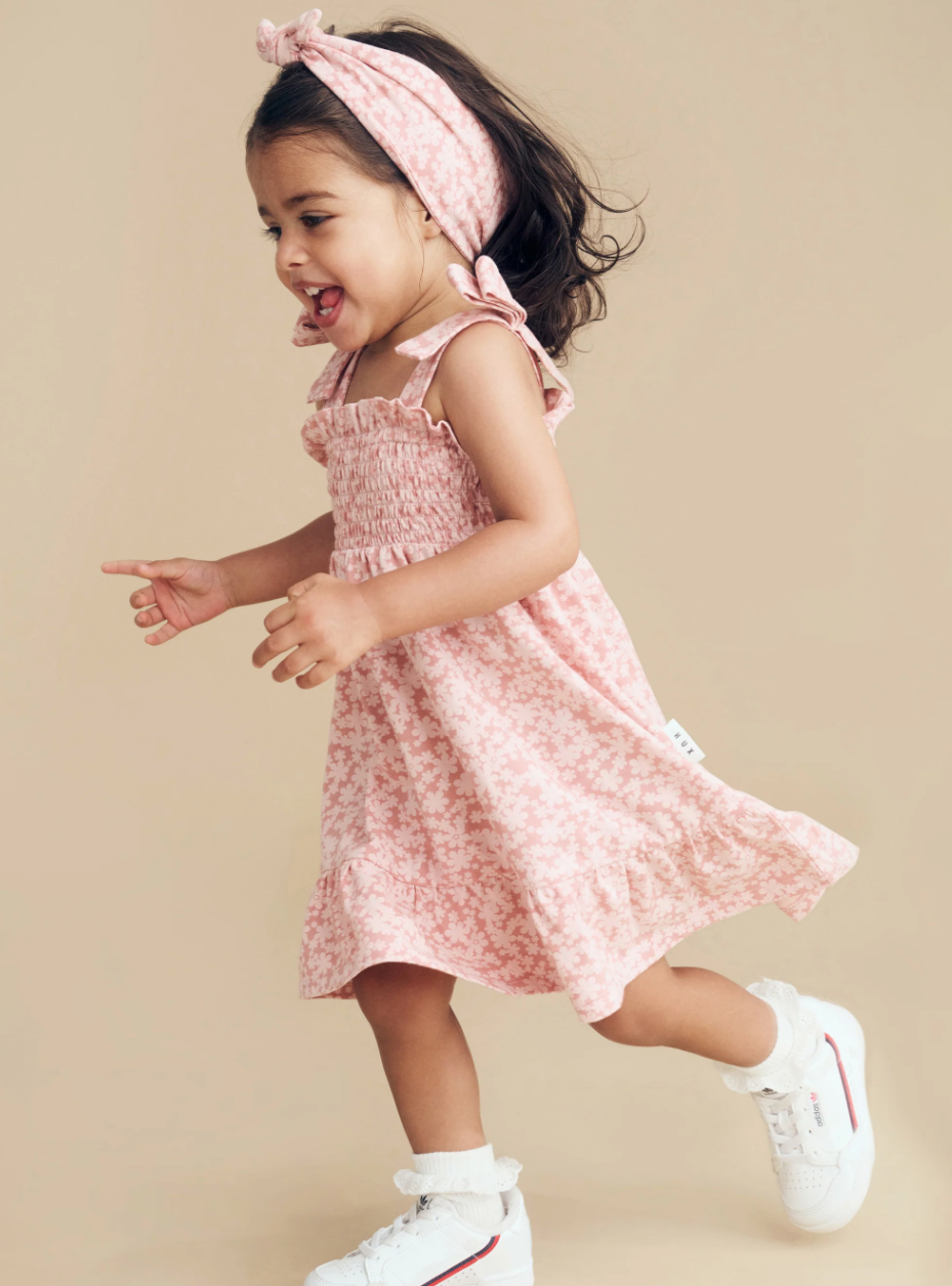 Huxbaby Smile Floral Shirred Dress - Dusty Rose