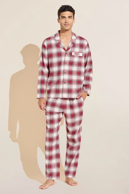 Eberjey Mens Flannel Long PJ Set - Tartan Plaid Haute Red Ivory