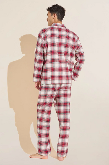 Eberjey Mens Flannel Long PJ Set - Tartan Plaid Haute Red Ivory