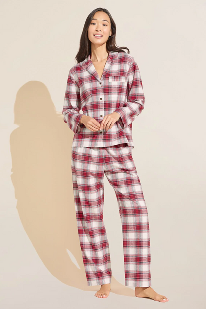 Eberjey Flannel Long PJ Set - Tartan Plaid Haute Red Ivory