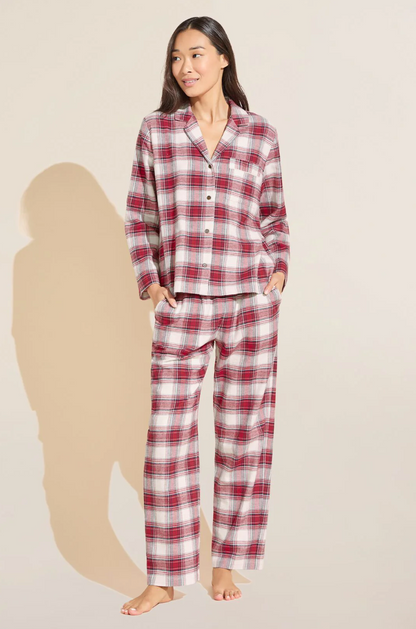 Eberjey Flannel Long PJ Set - Tartan Plaid Haute Red Ivory