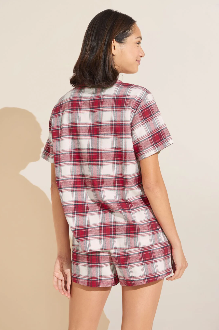 Eberjey Flannel Short PJ Set - Tartan Plaid Haute Red Ivory no