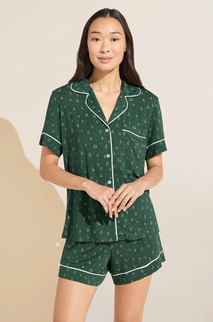 Eberjey Gisele Printed Relaxed Short PJ Set - Winterpine Forest Green/Ivory