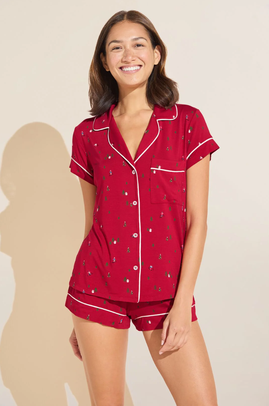 Eberjey Gisele Printed Shortie PJ Set - Apres Ski Haute Red/Ivory