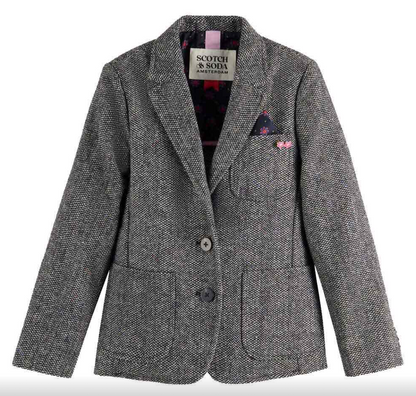 Scotch &amp; Soda Girls Wool Blend Herringbone Blazer - Herringbone Tweed