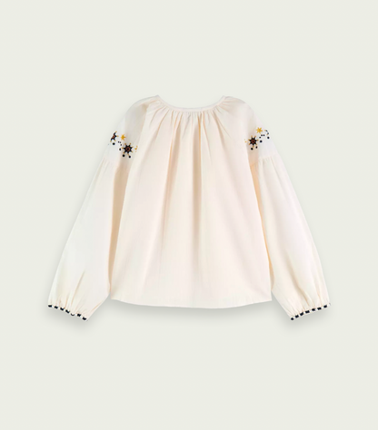 Scotch &amp; Soda Girls Long Sleeved Embroidered Top - Ecru