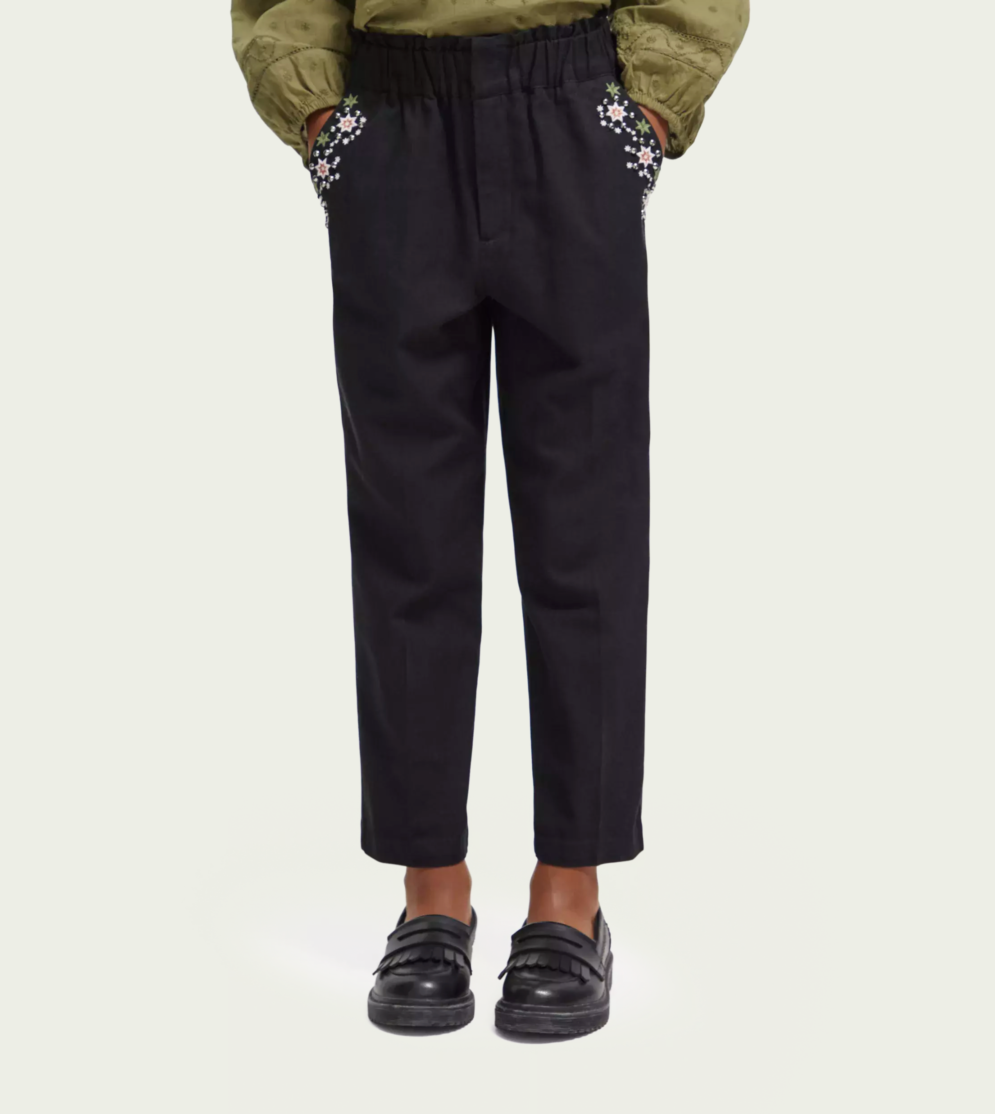 Scotch &amp; Soda Girls High Rise Embroidered Pants - Black