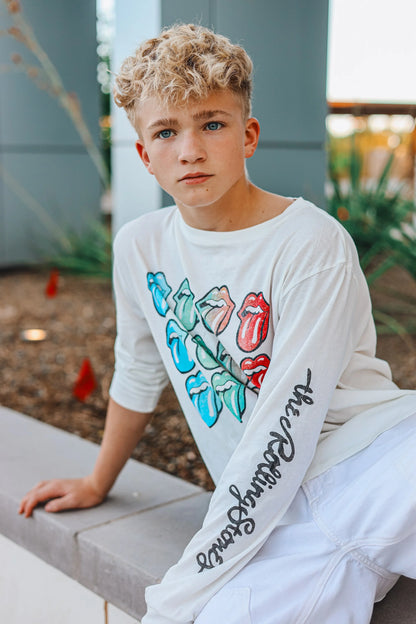 Rowdy Sprouts Rolling Stones Tongues Long Sleeve Tee - Vintage White