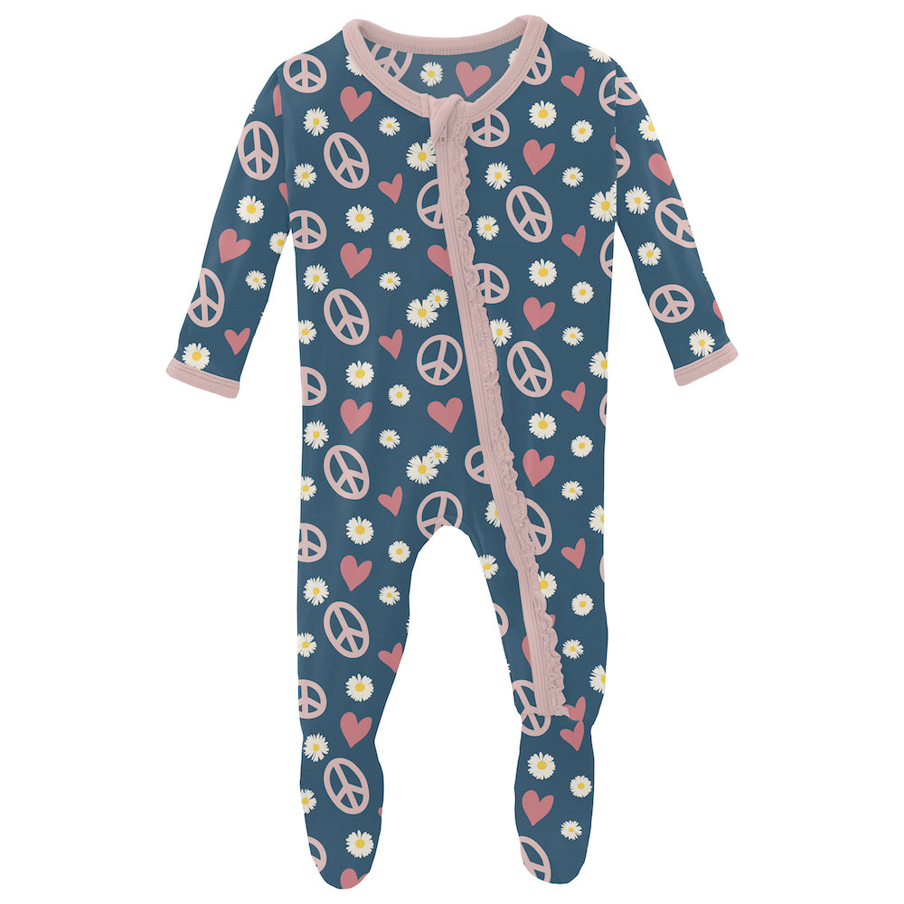 Kickee Pants Print Muffin Ruffle Footie With Zipper - Peace, Love And Happiness