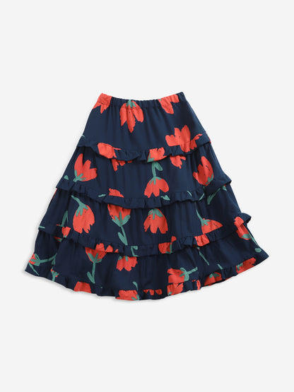 Bobo Choses Big Flowers Woven Ruffle Skirt - Navy