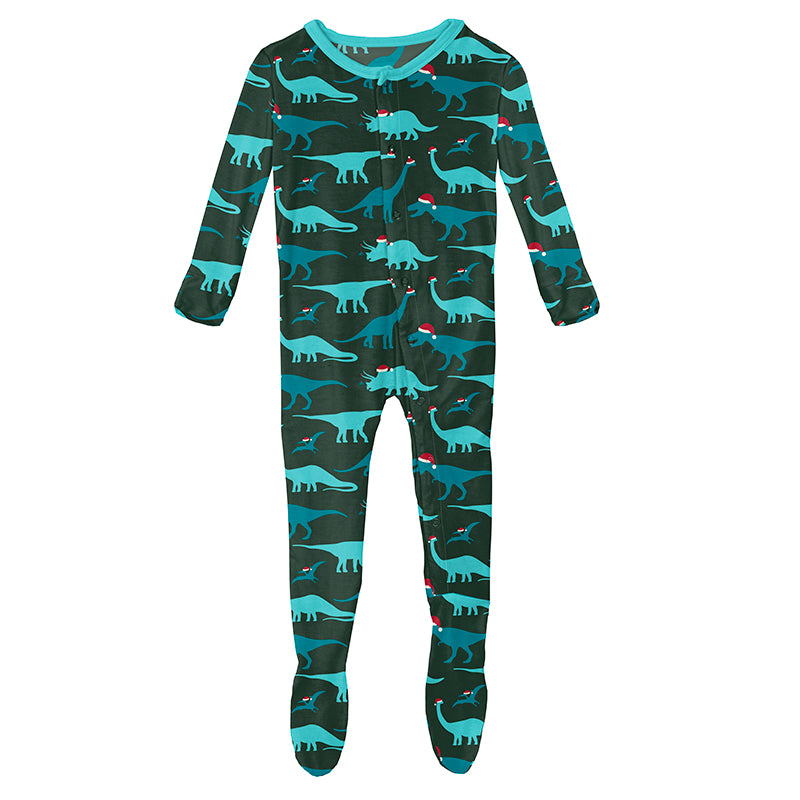 Kickee Pants Print Footie with Zipper - Santa Dinos