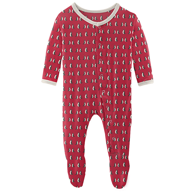 Kickee Pants Print Footie with Zipper - Crimson Penguins