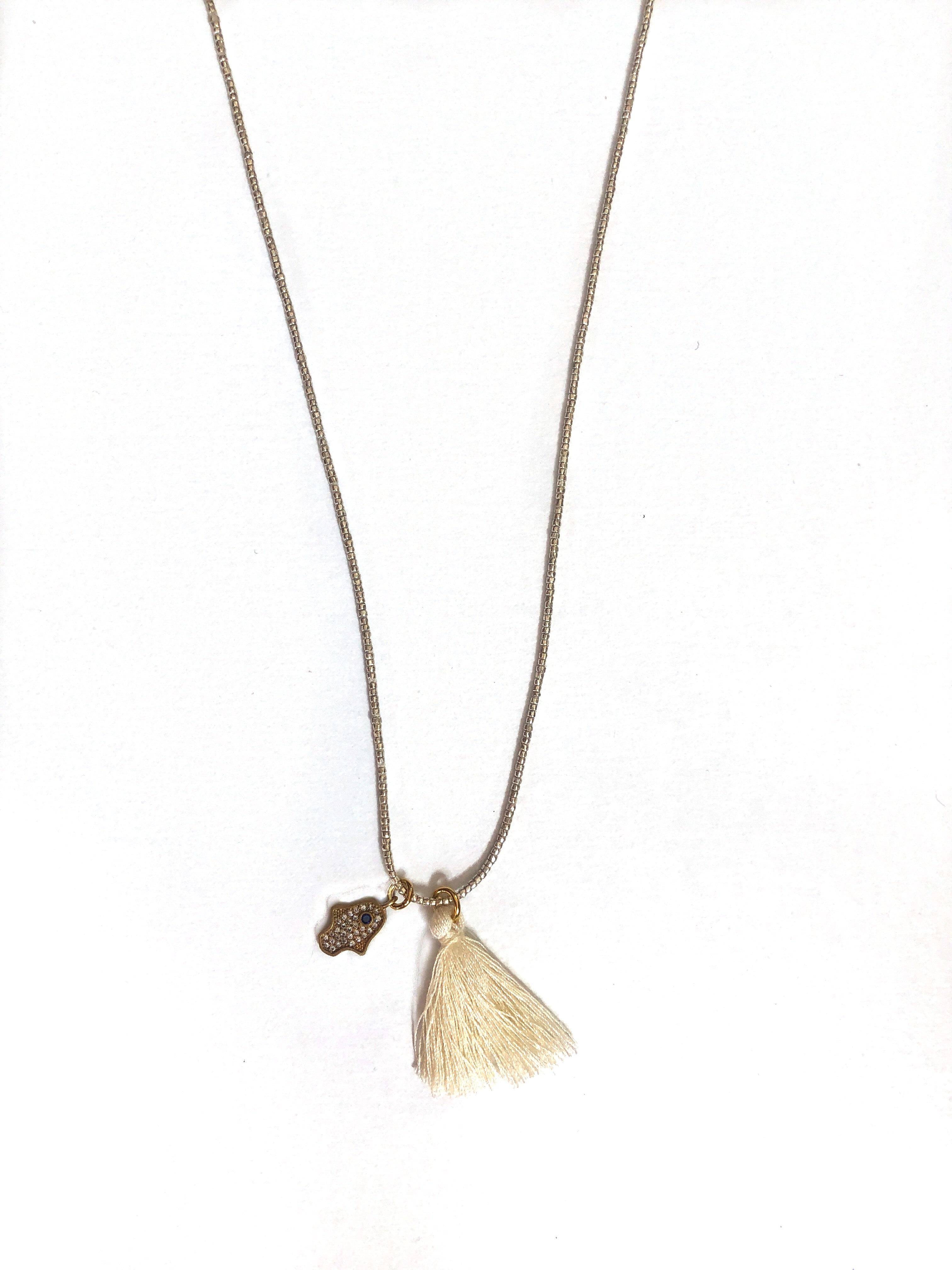 Atsuyo Et Akiko Hamsa Heishi Bead Necklace - Ivory Tassel