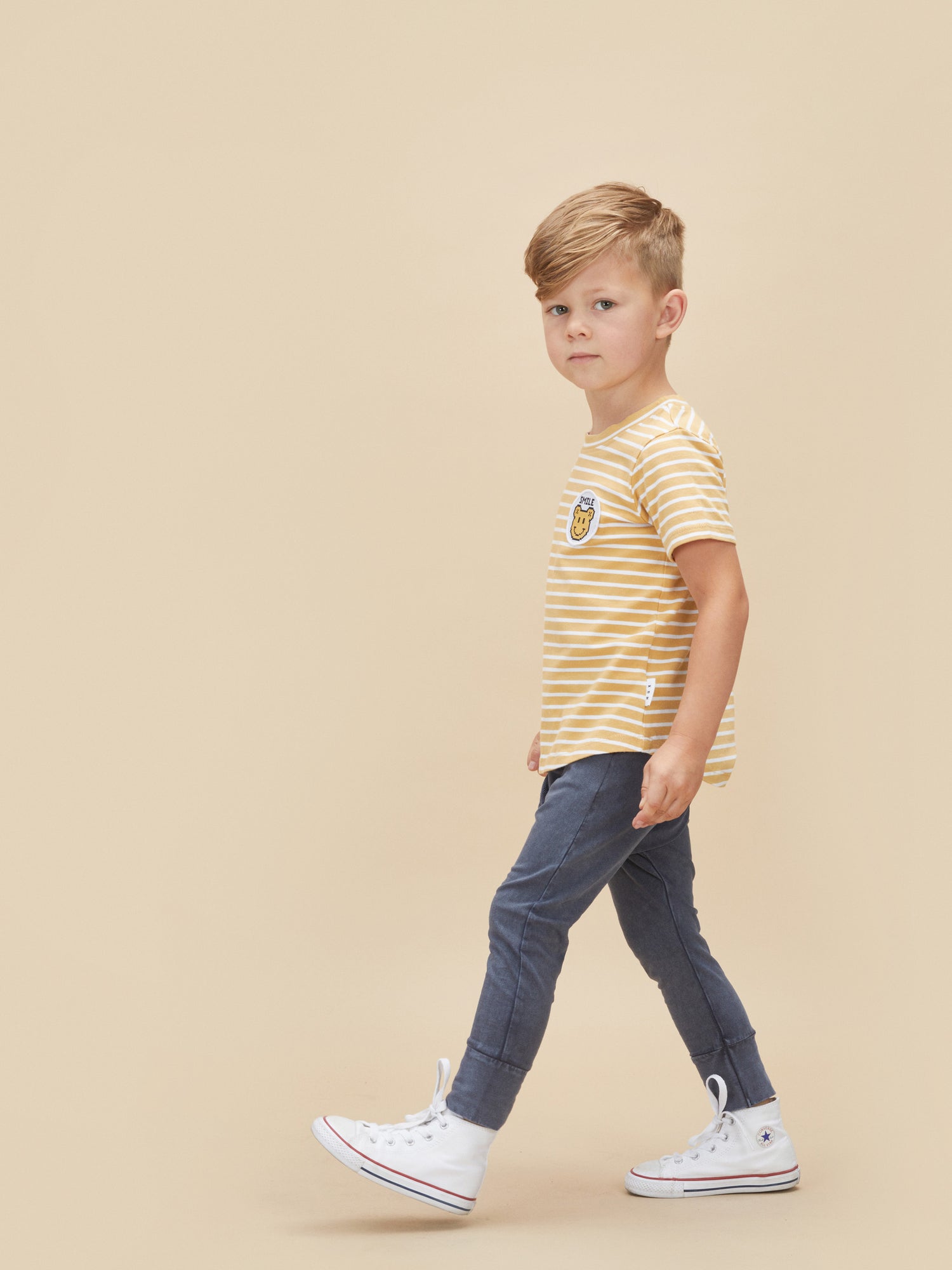 Huxbaby Digi Smile Stripe T-Shirt - White + Golden Stripe