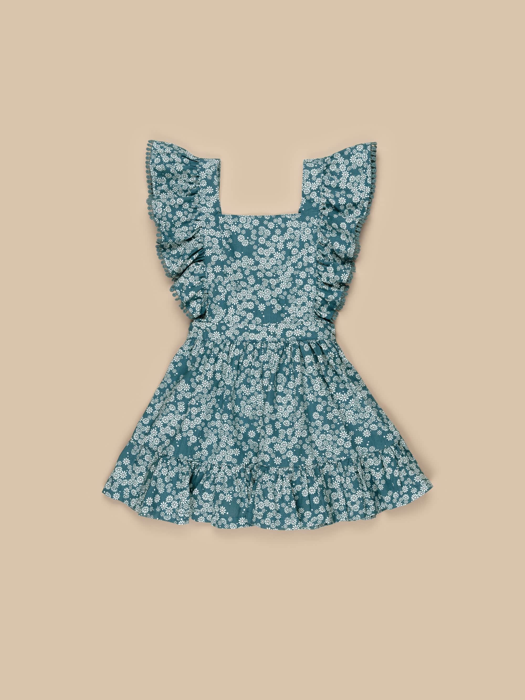 Huxbaby Daisy Ruffle Pinafore - Teal Daisy Print