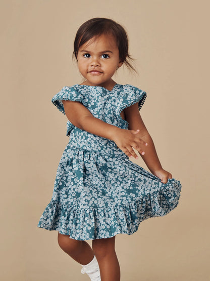 Huxbaby Daisy Ruffle Pinafore - Teal Daisy Print