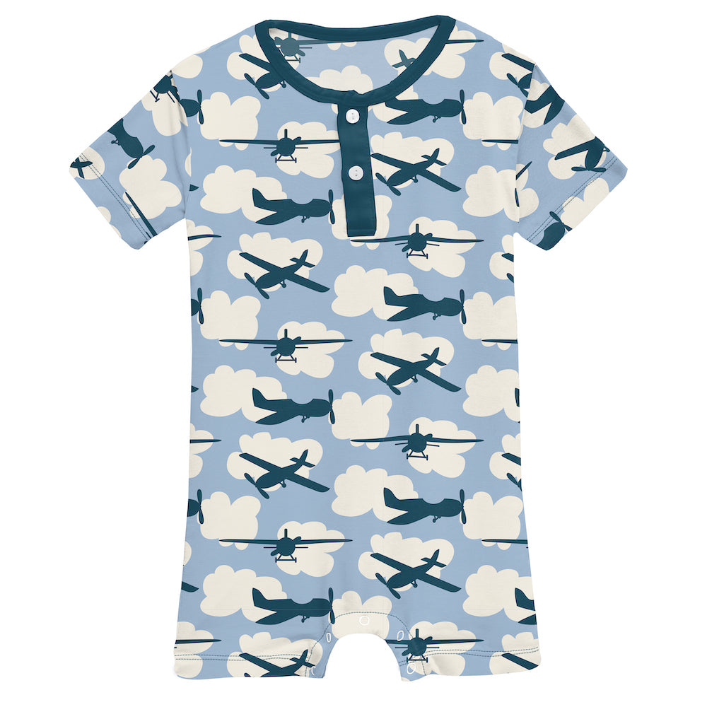 Kickee Pants Print Short Sleeve Henley Romper - Pond Airplanes