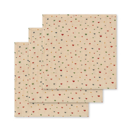 Konges Sløjd 3 Pack Muslin Cloth GOTS - Multi Hearts