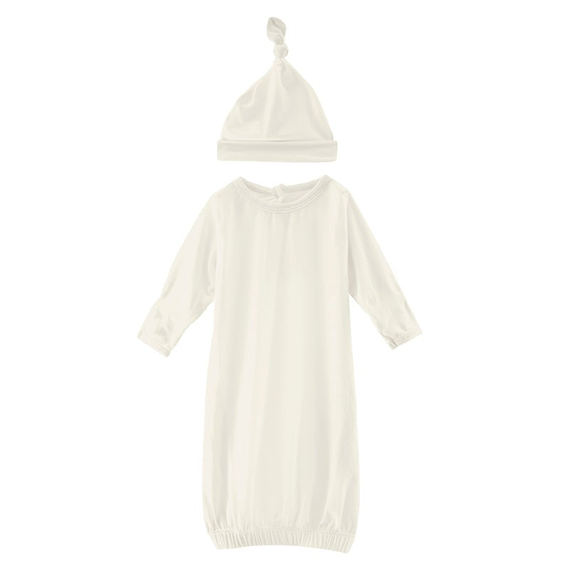 Kickee Pants Solid Layette Gown and Signle Knot Hat Set - Natural