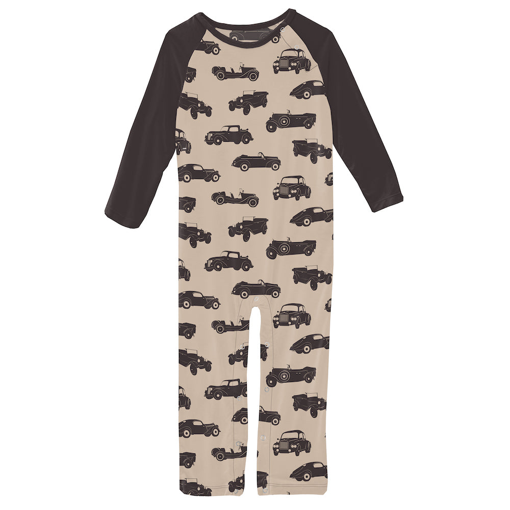 Kickee Pants Print Long Sleeve Reglan Romper - Burlap Vintage Cars