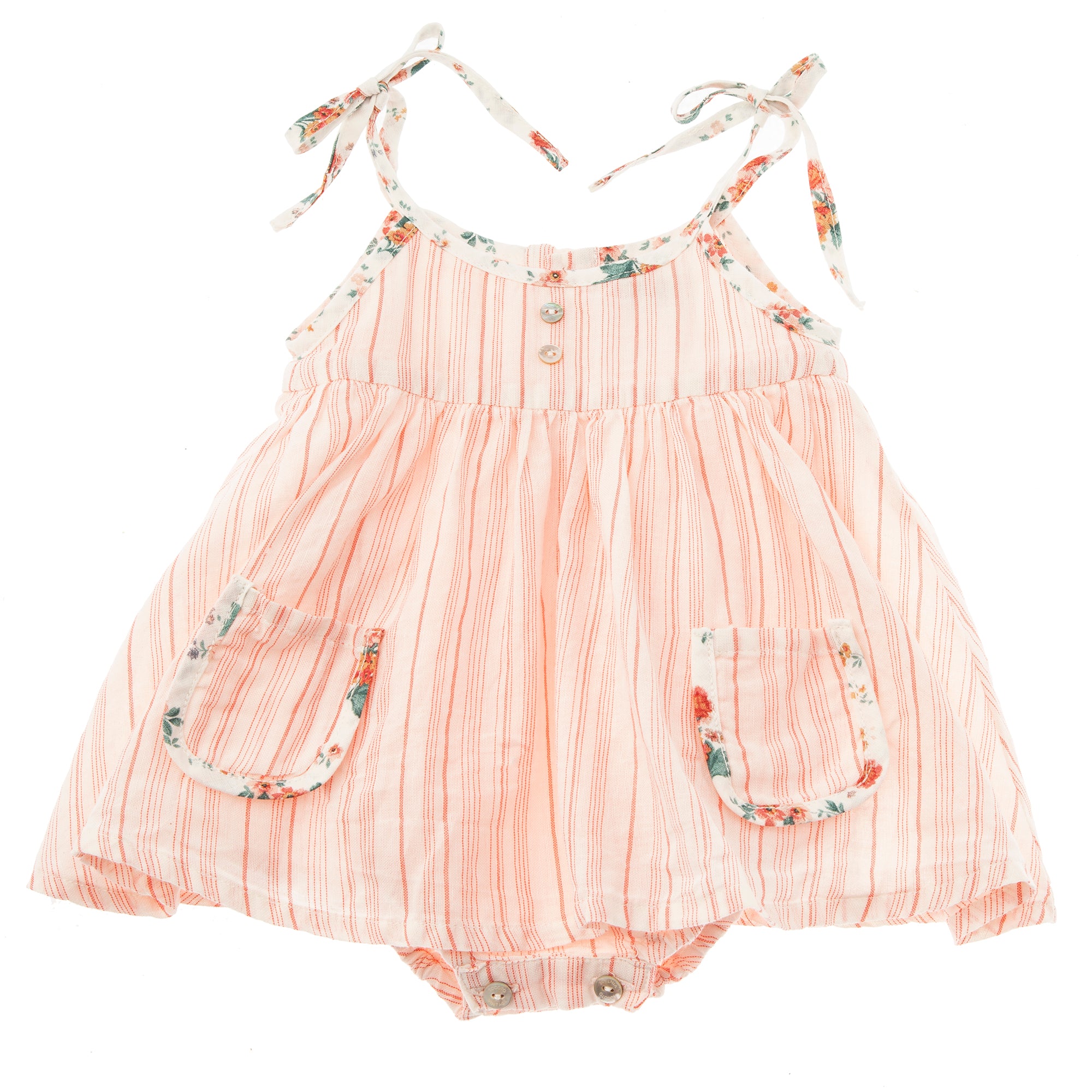 Tocoto Vintage Baby Striped Dress with Flower Print Straps And Inner Bod