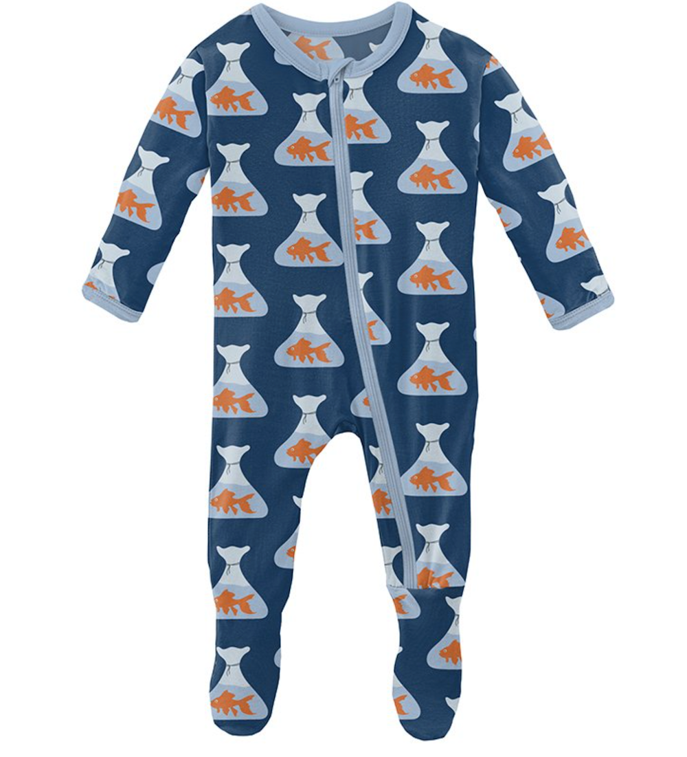 Kickee Pants Print Footie with Zipper - Navy Goldfish Prize