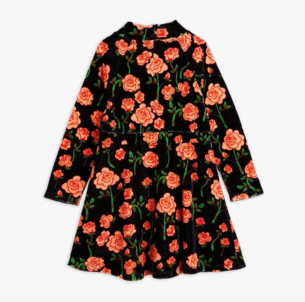 Mini Rodini Roses Velour Long Sleeve Dress - Black