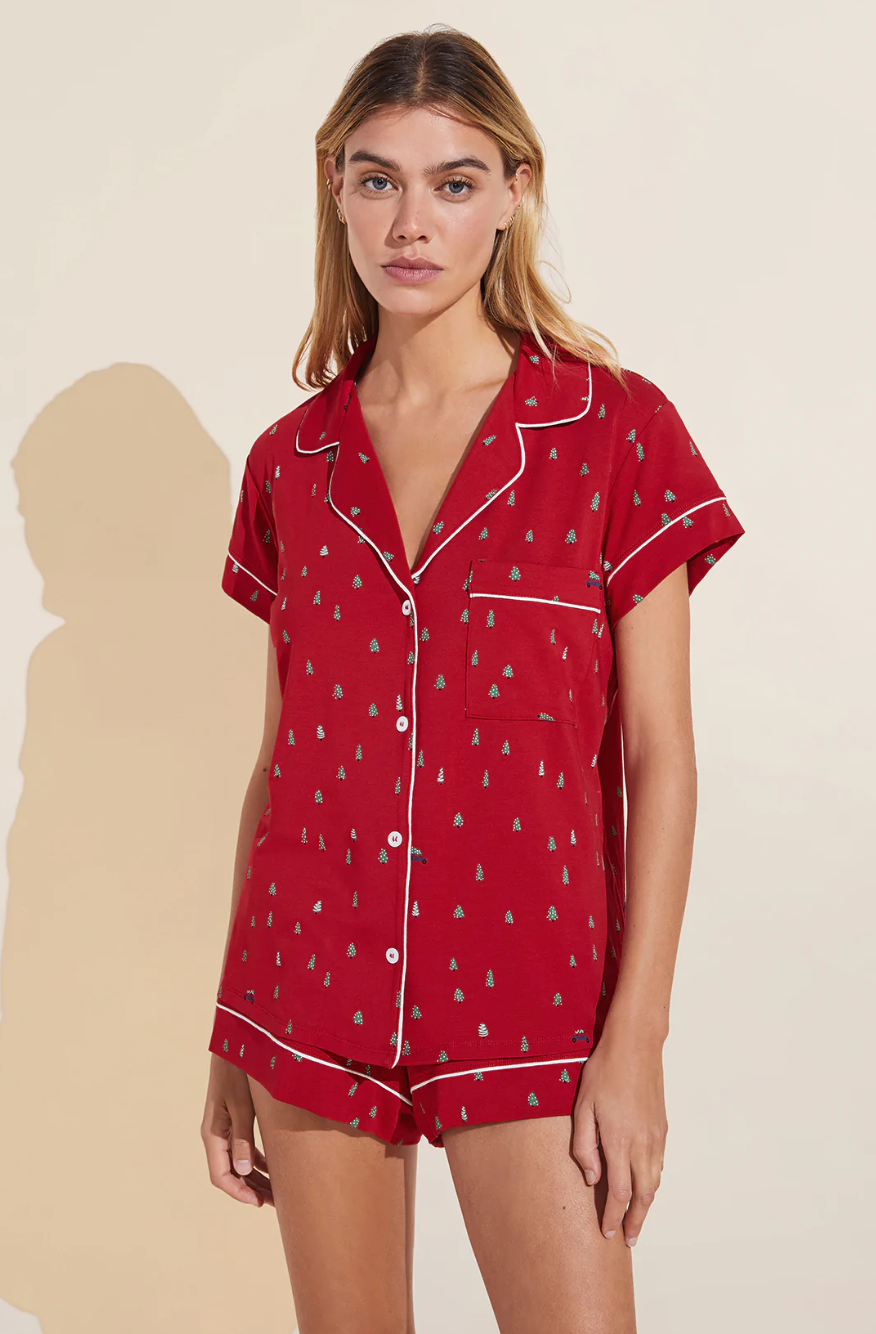 Eberjey Gisele Printed Short PJ Set - Holiday Car Haute Red/Ivory