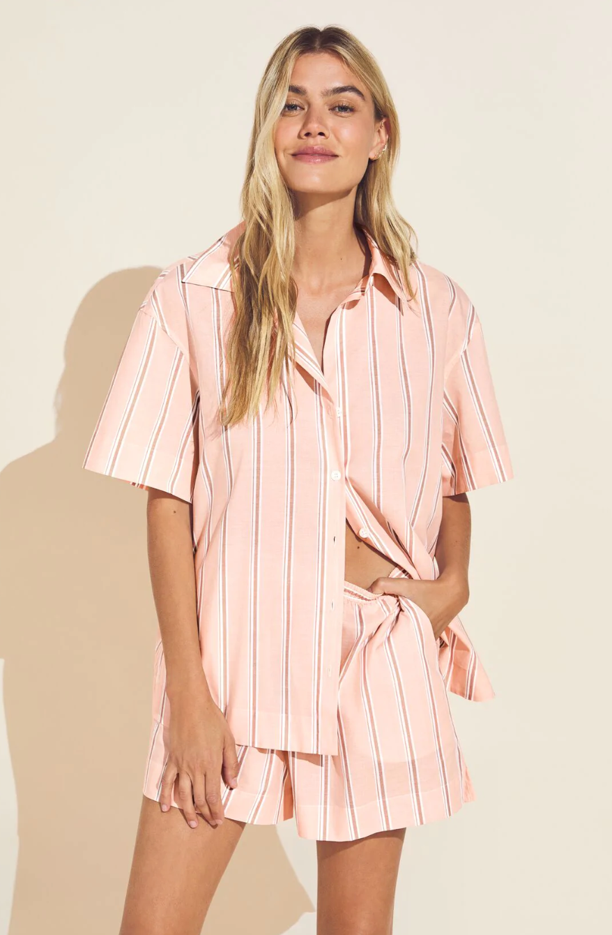 Eberjey Organic Sandwashed Cotton Printed Short PJ Set - Rose Cloud Stripe