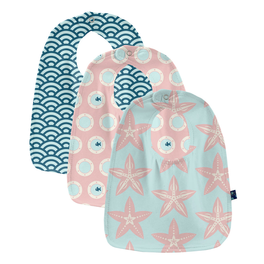 Kickee Pants Print Bib Set - Fresh Air Fancy Starfish, Baby Rose Porthole &amp; Fresh Air Waves