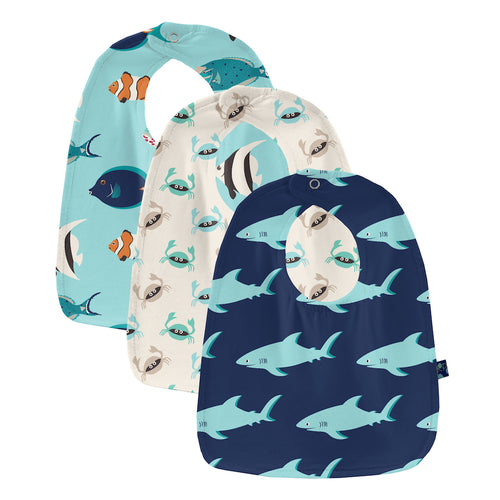 Kickee Pants Print Bib Set - Flag Blue Sharky, Tropical Fish & Natural Crabs