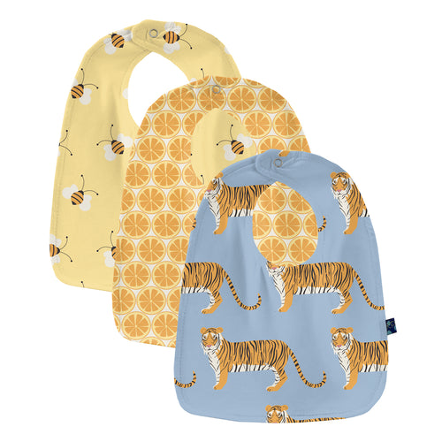 Kickee Pants Print Bib Set Of 3 - Natural Lemons, pond Tiger & Wallaby Bees