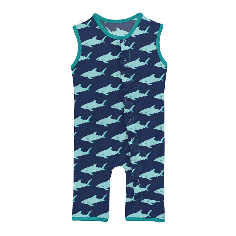 Kickee Pants Print Tank Romper - Flag Blue Sharky