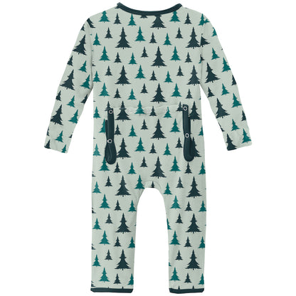 Kickee Pants Print Coverall With zipper - Aloe Christmas Trees