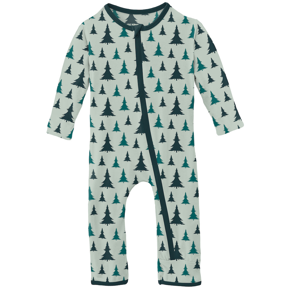 Kickee Pants Print Coverall With zipper - Aloe Christmas Trees