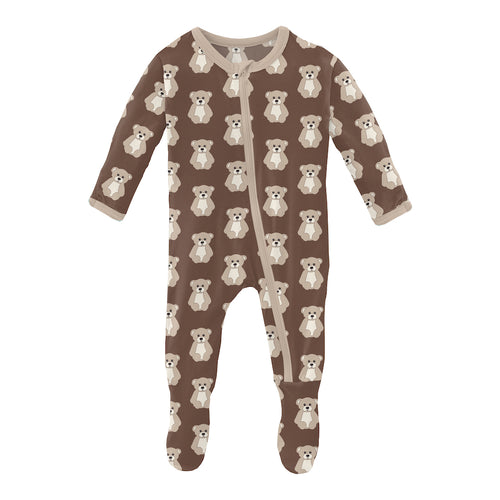 Kickee Pants Print Footie With Zipper - Cocoa Teddy Bear