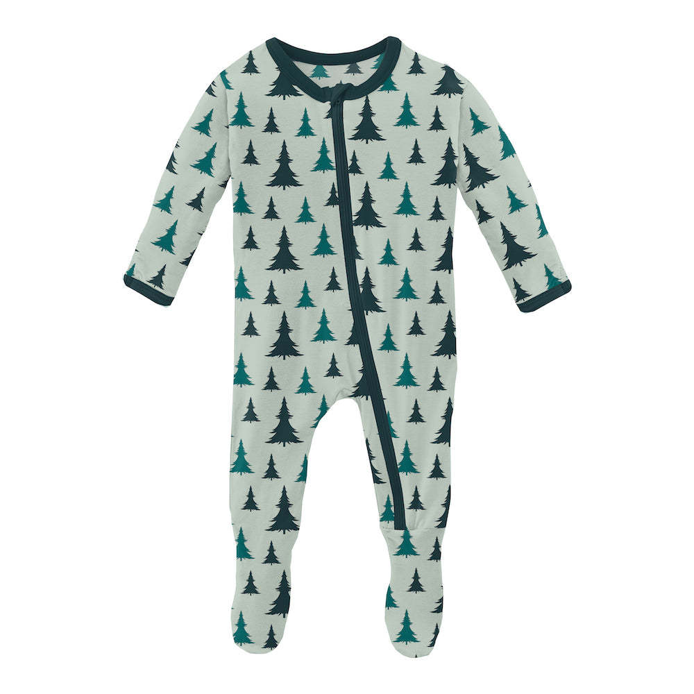 Kickee Pants Print Footie With Zipper - Aloe Christmas Trees