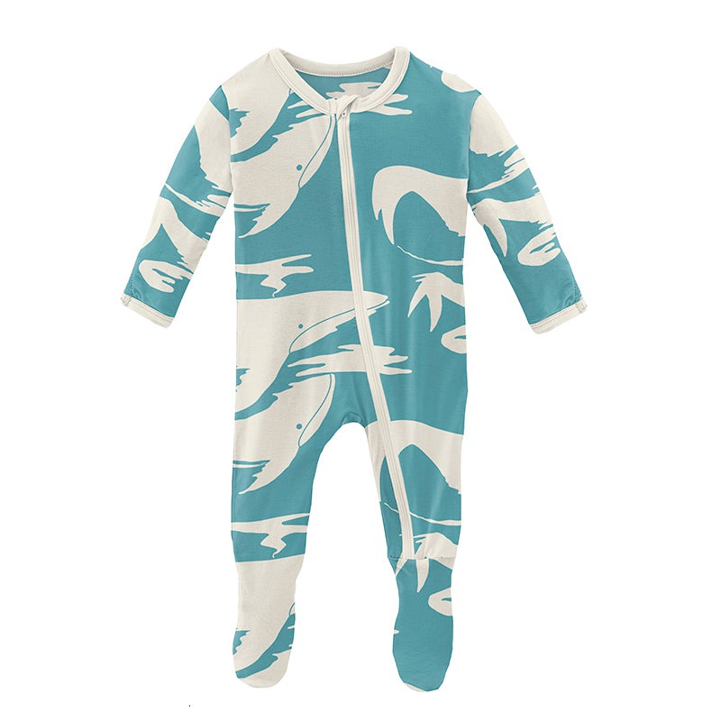 Kickee Pants Print Footie with Zipper - Glacier Cloud Whales